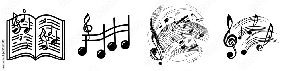 Poster musical notes and symbols create a rhythmic pattern of sound and art in visual form