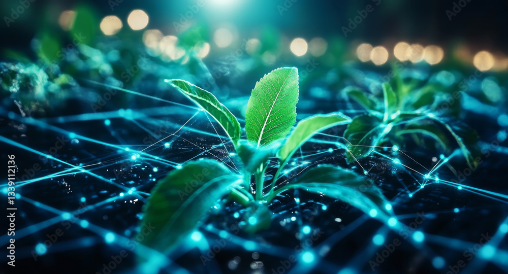 Poster new technologies support crop selection in agriculture, showcasing young plants growing in a field. 