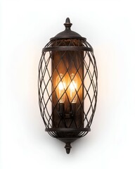 Naklejka premium A metal wall lamp with three bulbs, casting warm light inside the iron cage over a white background. The entire body is made of black bronze material and has an ancient European-style pattern on it.