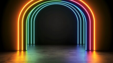 Obraz premium Vibrant Neon Arches Against Dark Background Creating Dynamic Contemporary Art Installation