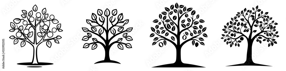 Poster illustrations of various tree designs showcasing leaf patterns and styles across multiple variations