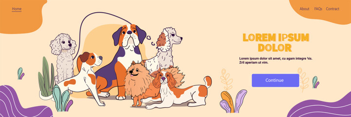 Fototapeta premium Dogs group togetherness colorful design features various dog breeds sitting on a stylized background with abstract shapes and plants. Website banner template
