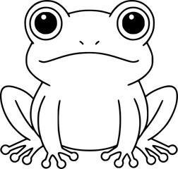 Cute cartoon frog, black and white line drawing, large round eyes, simple design, front view, symmetrical, webbed feet, minimalist style, clean lines, vector illustration, children's book character, a