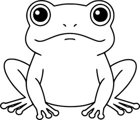 Naklejka premium Cute cartoon frog, black and white line drawing, large round eyes, simple design, front view, symmetrical, webbed feet, minimalist style, clean lines, vector illustration, children's book character, a