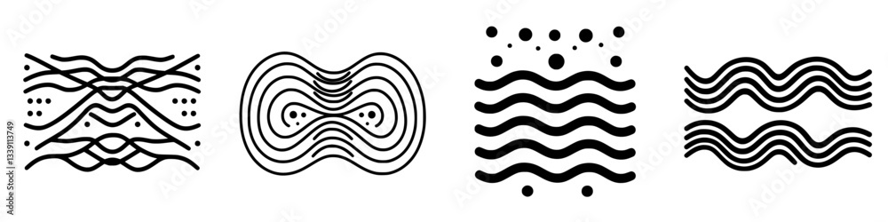 Poster patterns in black and white create abstract designs with fluid lines and shapes in a seamless and ba