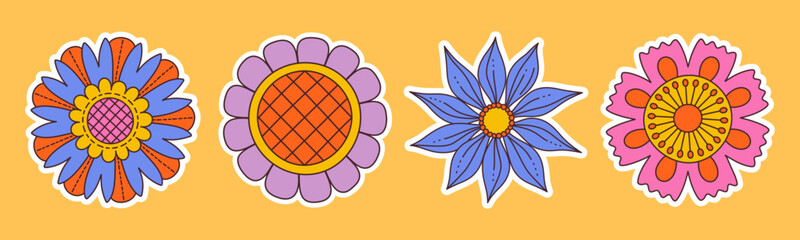 Contemporary fun groovy floral set. Hand drawn trendy flat style isolated simple naive flowers. Groovy flower Sticker pack in retro trippy style. Hippie 60s, 70s doodle style. Vector illustration