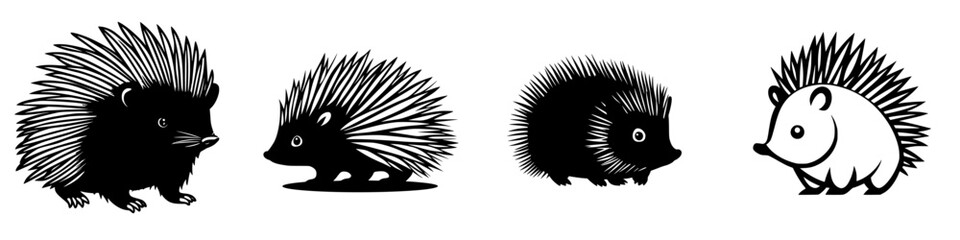 Various stylized illustrations of hedgehogs showcasing different poses and designs in a minimalist black and white theme
