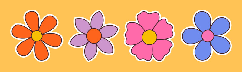 Contemporary fun groovy floral set. Hand drawn trendy flat style isolated simple naive flowers. Groovy flower Sticker pack in retro trippy style. Hippie 60s, 70s doodle style. Vector illustration
