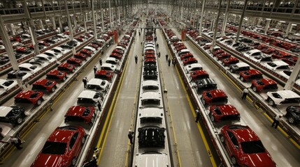 Obraz premium A modern car assembly plant, rows of partially assembled vehicles on a production line
