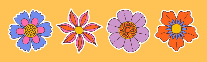 Contemporary fun groovy floral set. Hand drawn trendy flat style isolated simple naive flowers. Groovy flower Sticker pack in retro trippy style. Hippie 60s, 70s doodle style. Vector illustration