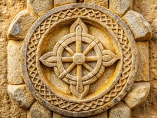 Fototapeta premium Ancient Stone Carving: Religious Symbol Detail with Copy Space