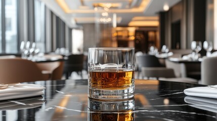 Elegant Glass of Whiskey on Restaurant Table Capturing Refined Atmosphere