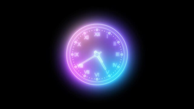 Glowing gradient rainbow neon clock animation with Roman numerals on a black background