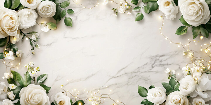 Marmo bianco e fiori. Lapide. Spazio per testo. 