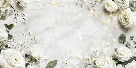 Marmo bianco e fiori. Lapide. Spazio per testo. 