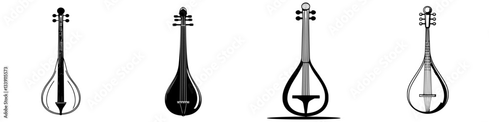 Poster various traditional string instruments displayed in a creative arrangement showing their unique shap