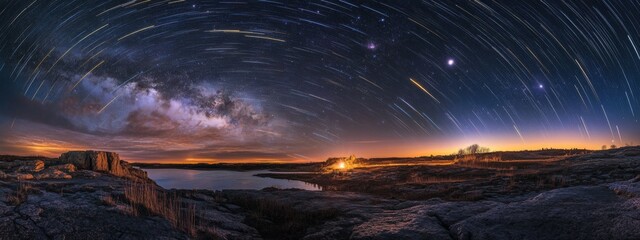 Bright streaks of meteor showers illuminate the night sky above tranquil waters during a clear evening