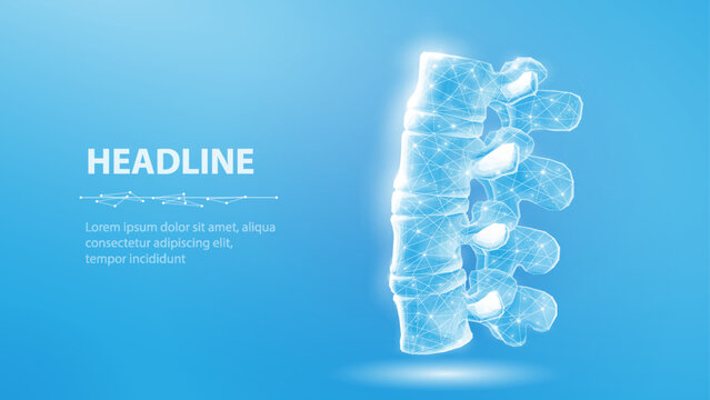 3d spine vector on blue background. Chiropractic care, spinal cord, orthopedic surgery.