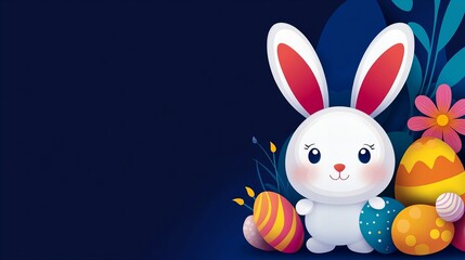 Obraz premium Cartoon bunny is sitting next to several decorated Easter eggs among stylized leaves and a pink flower on a dark blue background, creating a festive E