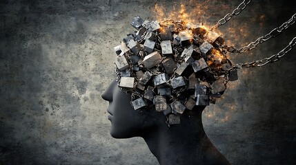 A head burdened by heavy, metallic blocks, chained and ablaze