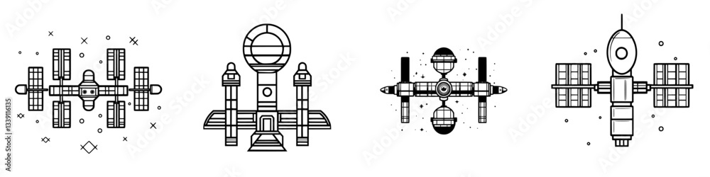 Poster different types of space station designs displayed in a minimalist vector style with clean lines and