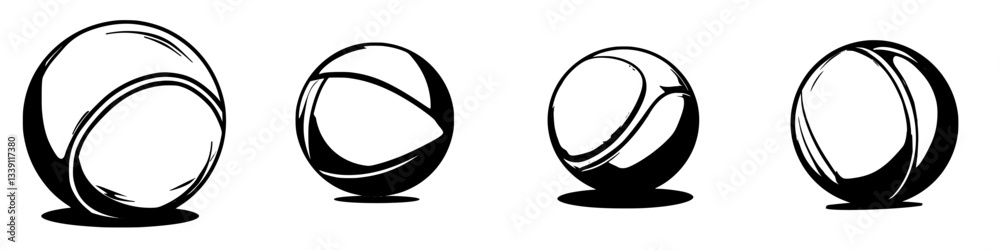 Poster different styles of spherical objects displayed in a minimalist black and white design with smooth c