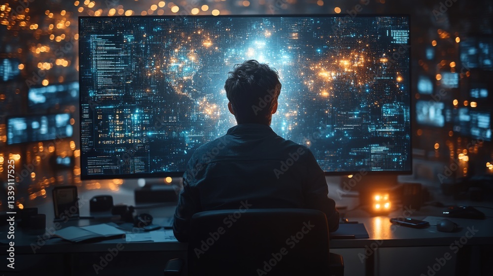 Poster In a dimly lit workspace, a person examines a large screen displaying complex quantum computing concepts, including superposition and entanglement.