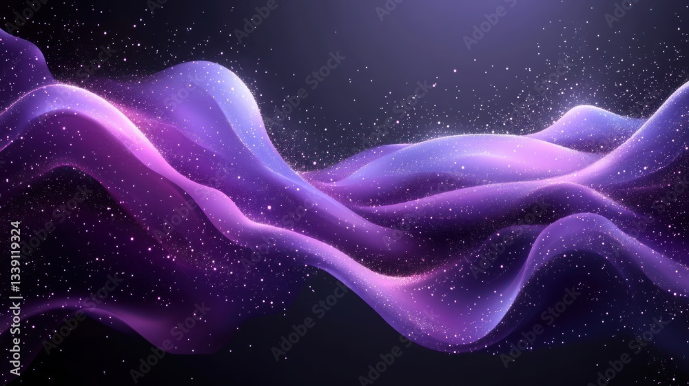 Poster abstract purple and blue glowing wave with sparkling particles on dark background.