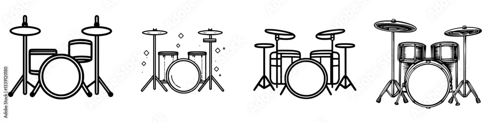 Poster different styles of drum kits arranged in a row showing variations in design and configuration