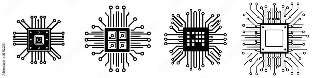 Poster various microchip designs displayed in black and white with intricate circuit patterns demonstrating