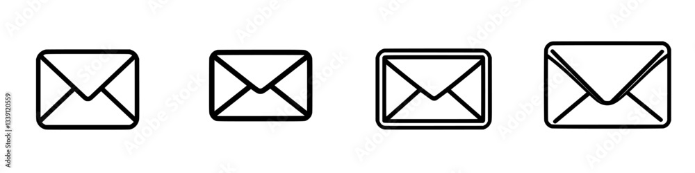 Poster collection of simple envelope icons in various sizes on a plain background showing communication sym