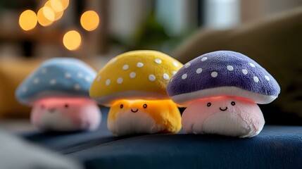 Naklejka premium Cute kawaii mushroom plush toys with polka dot caps and smiling faces lined up on dark surface against warm bokeh lights background. Soft pastel colors.