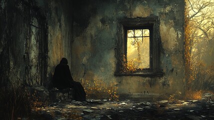 An abandoned house with a figure sitting by a dusty, broken window 