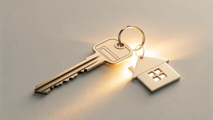 Golden house key with house-shaped keychain on a beige background illuminated by soft warm light, symbolizing homeownership, real estate, and property investment concepts