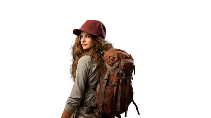 Adventurous Woman Autumn Hiking with Backpack, Stylish Burgundy Cap and Nature Scenery.