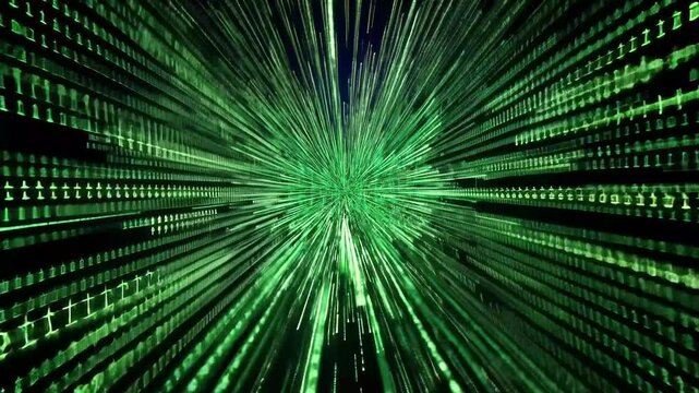 Dynamic binary coding data processing over a mesh of connections in green light, binary coding data processing over mesh of connections on black background