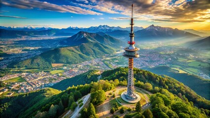 Obraz premium Aerial View of Telecommunication Tower Overlooking Grenoble, Vercors Mountains
