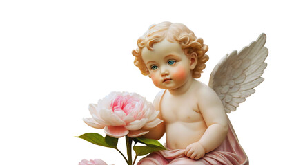 Fototapeta premium Cherubic Angel Figurine with Pink Flower, Isolated on Black Background, Religious Art