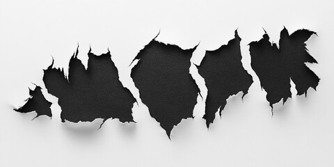 Black torn paper with a white background, bear claw marks on the edges of the ripped papers.