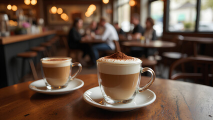 Two elegantly presented coffee cups sit on a wooden table in a cozy cafe, with patrons chatting in the background, creating a warm atmosphere.