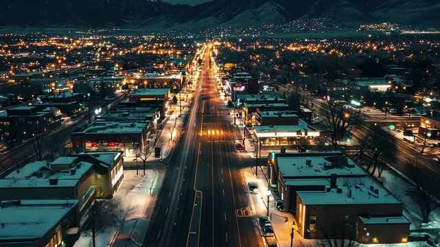 Aerial view of Provo Utah street illuminated by city lights at night, Aerial shot over Provo, Utah street at night