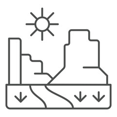 Grand canyon with sun thin line icon, west desert concept. Vector graphics. American valley landscape sign on white background, outline style icon for mobile or web design.