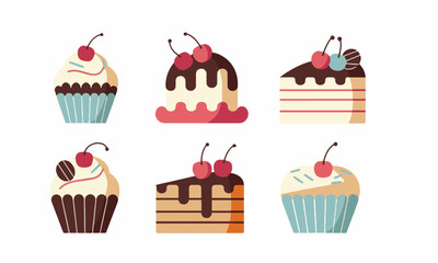 Modern vector-style dessert featuring cupcakes and slices of cake, easily editable.