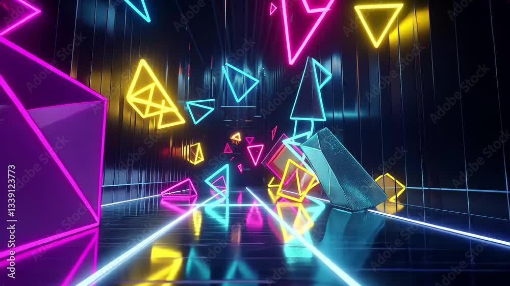 Poster Shapes move dynamically over a vibrant neon light trail in an immersive digital landscape, shapes moving over neon light trail