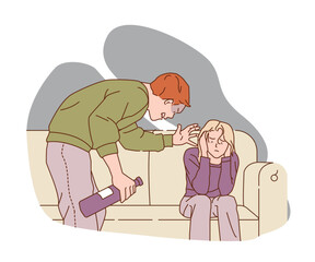 A distressed woman sits on a couch covering her ears while an angry man, holding a bottle, yells at her. The scene portrays domestic conflict. Flat vector illustration