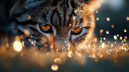 Mysterious cat eyes with amber glow peer through magical bokeh lights and sparkles, creating dramatic feline portrait with ethereal atmosphere and dark background.