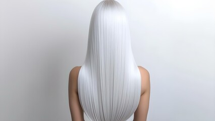 Naklejka premium A person with long, straight, white hair seen from the back, with a neutral background. Concept Long White Hair, Back View Portrait, Minimalist Background, Hair Texture Focus, Ethereal Aesthetic