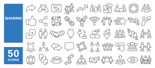 Set of 50 line icons related to sharing, online, community, network, helping, people, friendship, donate, trust, sociability, share, Editable stroke. Vector illustration
