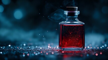 Mysterious square glass bottle with red liquid against dark blue bokeh background, magical potion concept for fantasy and mystical designs.