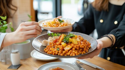 Woman Joyfully Holding Plate of Delicious Food with Fork in Hand